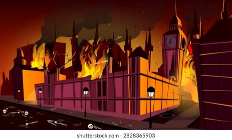 London in fire of plague epidemic vector illustration. London city burning at plague disease with dead people skeletons on night streets at cartoon Big Ben or Parliament House for Britain history