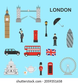 London flat elements with blue background collection vector set