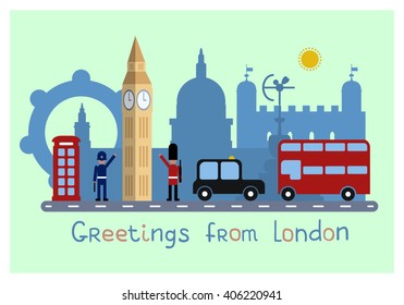 London, flat icons design concept.Greeting card.