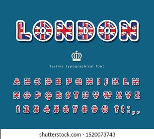 London font. British national flag colors. Bright english alphabet for language school or tourism design. Vector illustration