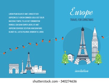 London and France flat icons design travel concept. Travel to Europe for christmas. Invitation card. Merry Christmas greeting card design. France Christmas winter. Europe Christmas and New Year.