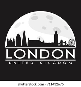 London Full Moon Night Skyline Silhouette Design City Vector Art