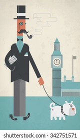 London gentleman and his dog on the Street. Skyline with Big Ben. Icons Background Flat Design