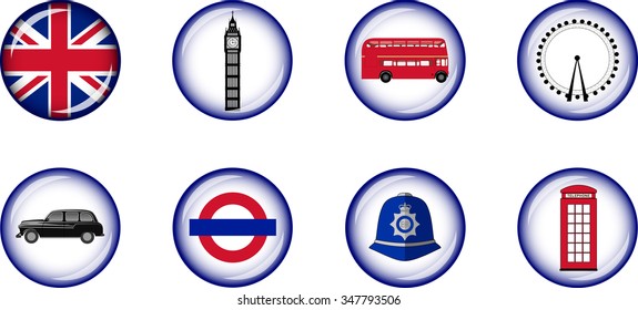 London Glossy Icon Set. Set of vector graphic glossy buttons representing symbols and landmarks of London.
