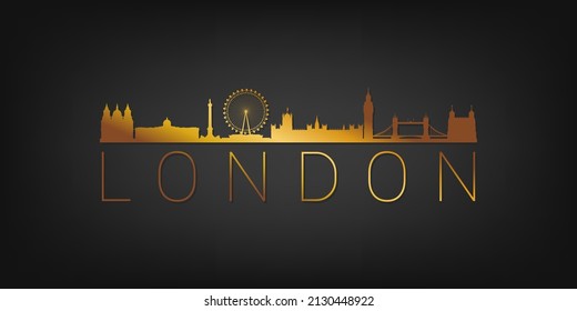 London Gold Skyline City Silhouette Vector. Golden Design Luxury Style Icon Symbols. Travel and Tourism Famous Buildings.