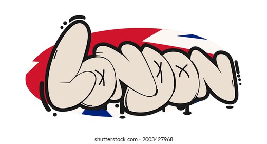 London graffiti text. Hand drawn lettering over the colors of United Kingdom flag. Can be used for printing on t shirt and souvenirs. Posters, banners, cards, flyers, stickers.