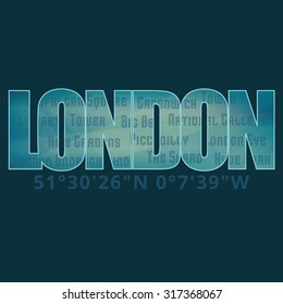 London graphic emblem on dark background. Label for t-shirt. Typography vector design. CMYK color mode