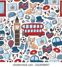 London and Great Britain colorful seamless pattern with doodles. Good for wallpaper, scrapbooking, stationary, wrapping paper, packaging, textile prints, etc. EPS 10