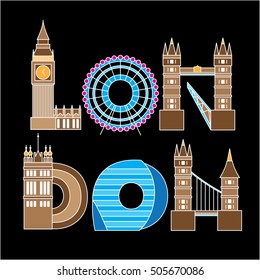 London, Great Britain. Decorative letters as famous buildings and landmarks. Concept for t-shirt print. Fully editable stroke.