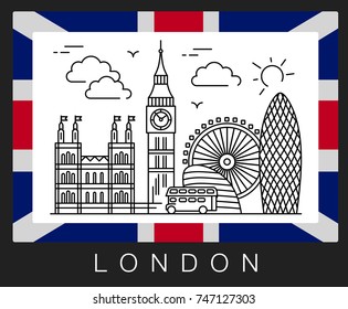 London, Great Britain. Illustration Big Ben and the flag of Britain.