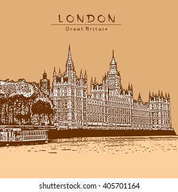 London - Great Britain. Palace of Westminster. Engraved vector Image. Beige color.
Result of Auto-Trace.