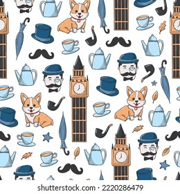 London and Great Britain seamless pattern with doodles of corgi, big ben, umbrellas, tea cups and kettles. Good for wallpaper, textile prints, scrapbooking, wrapping paper, etc. EPS 10