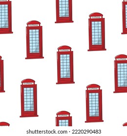 London, Great britain seamless pattern with red telephone booths on white background. Good for prints, nursery decor, digital paper, wallpaper, scrapbooking, packaging, etc. EPS 10