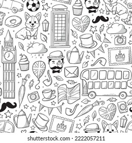 London and Great Britain seamless pattern with hand drawn doodles. Good for packaging, wrapping paper, coloring pages, stationary, wallpaper, textile prints, etc. EPS 10