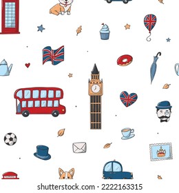 London and Great Britain seamless pattern with doodles on white background. Good for nursery textile prints, wallpaper, wrapping paper, scrapbooking, stationary, etc. EPS 10