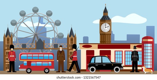 London and Great britain set. Big Ben, Tower bridge, British royal guard, policeman, dandy, red telephone box, , taxi, Pub, welsh corgi. Traditions and culture collection. Flat vector illustration