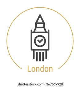 London (Great Britain Or United Kingdon) Outline Icon With Caption. London City Logo, Landmark, Vector Symbol. London Big Ben Tower. Illustration Of London Isolated On White Background.