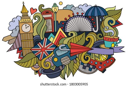 London hand drawn cartoon doodles illustration. Funny travel design. Creative art vector background. City symbols, elements and objects. Colorful composition