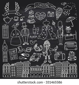 London hand drawn doodles elements on chalkboard. . Vector illustration