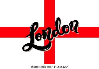 London. Hand drawn lettering. Vector illustration. Typography poster, banner. Capital of Great Britain. Europe. English flag