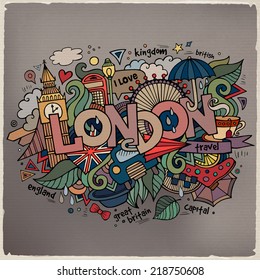 London hand lettering and doodles elements background. Vector illustration