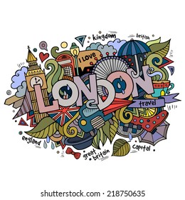 London hand lettering and doodles elements background. Vector illustration