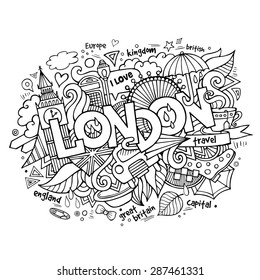 London hand lettering and doodles elements background. Vector illustration