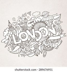 London hand lettering and doodles elements background. Vector illustration