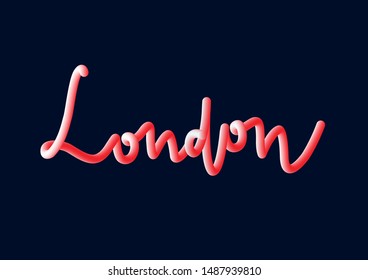 London hand lettering with red and white colors on blue background.