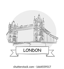 London Hand-Drawn Urban Vector Sign. Black Line Art Illustration with Ribbon and Title.