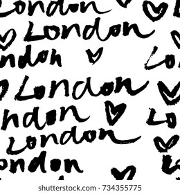 London hand-lettering calligraphy seamless pattern. London hand drawn vector stock illustration. Modern brush ink. Isolated on white background.