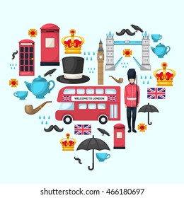 London heart composition with colored isolated icon set combined in shape of heart vector illustration