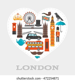 London heart composition or poster with isolated icon set on London theme combined in big white heart vector illustration