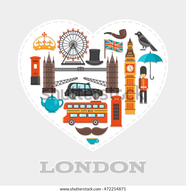 London\
heart composition or poster with isolated icon set on London theme\
combined in big white heart vector\
illustration
