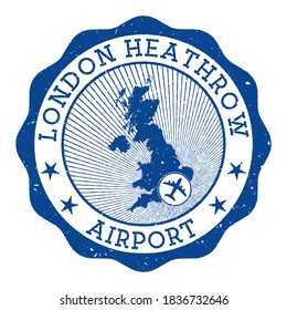 London Heathrow Airport stamp. Airport of London round logo with location on United Kingdom map marked by airplane. Vector illustration.