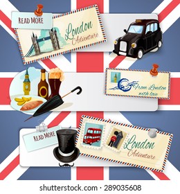 London horizontal banner set with transport architecture cartoon elements and postcards on flag background isolated vector illustration