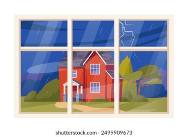 Casa de Londres bajo la lluvia. Ventanas con vista a la cabaña. Cultura y tradiciones del Reino Unido. Paisaje de otoño y otoño. Ilustración vectorial plana aislada sobre fondo blanco