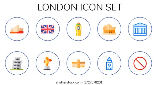 London Icon Set. 10 Flat London Icons.  Simple Modern Icons Such As: Sydney Opera House, Pisa, United Kingdom, Monument, Big Ben, Tate Modern, Opera House, British Museum, Forbbiden
