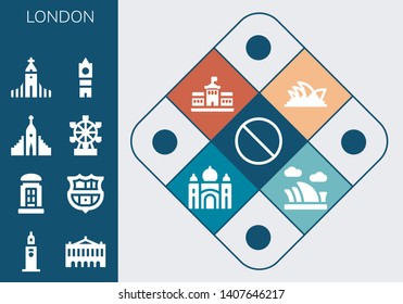 london icon set. 13 filled london icons.  Collection Of - Forbbiden, Clock tower, Palais garnier, Telephone booth, Barcelona, Hallgrimskirkja, London eye, Big ben, Opera house