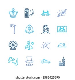 London icon set and big ben with lady in small hat, robin hood and british stamp. Parasol related london icon vector for web UI logo design.