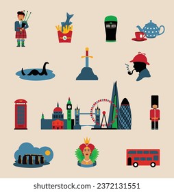 London icon set with different attraction recognizable buildings and means of transport vector illustration
