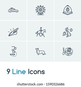 Juego de iconos de Londres y el ojo de Londres con perro corgi, taxi y equitación. Vector de icono londinense relacionado con el oficial para el diseño del logotipo de la interfaz de usuario web.