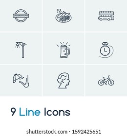 London icon set and fish with chips with british underground, detective hat pipe and bike. Accessory related london icon vector for web UI logo design.