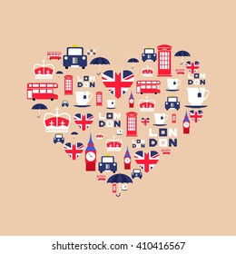 London icons in flat style arrange in the form of heart. England icons isolated on background. Vector iilustration