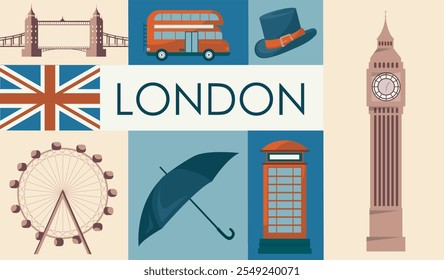 Conjunto de iconos de Londres. Big Ban, autobús de dos pisos, sombrero y paraguas negro, cabina telefónica, noria y bandera británica. Lugar famoso Internacional. Viajes y turismo. Ilustración vectorial plana