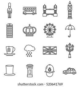 Iconos de Londres. Inglaterra, diseño de línea delgada. Iconos temáticos de Londres, colección de símbolos lineales. Lugar de exposición en Inglaterra, ilustración vectorial aislada