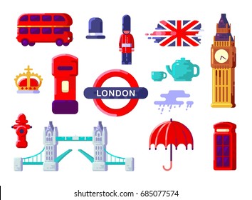 London Icons Set. England. Thin Flat Design. Themed Icons of London. British Symbols Collection. England Showplace. Isolated Vector Illustration