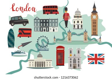 London illustrated map vector. Abstract colorful atlas poster. Illustrated abstract map of London, England