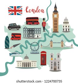 London illustrated map vector. Abstract colorful atlas poster. Illustrated abstract map of London, England