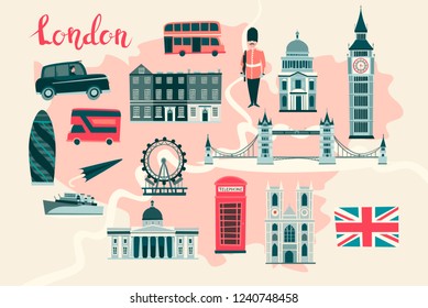 London illustrated map vector. Abstract colorful atlas poster. Illustrated abstract map of London, England